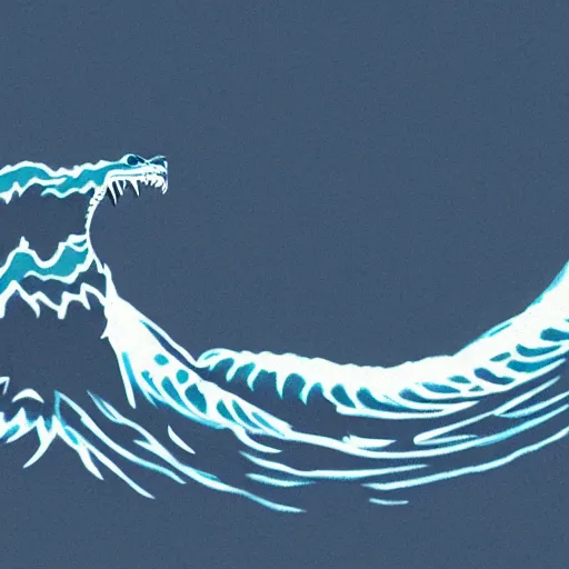 Image similar to a blue water wave in the silhouette shape of Godzilla, cartoon drawing