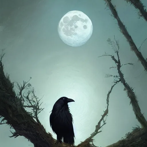 Image similar to crow on tree in front of the full big moon, highly detailed, digital painting, artstation, concept art, smooth, sharp focus, illustration, Unreal Engine 5, 8K, art by artgerm and greg rutkowski and alphonse mucha