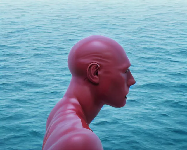 Image similar to a long shot of a giant award winning sculpture of a human head made out of inflatable toys on the surface of the ocean, in the style of chad knight, hyper detailed, hyper realistic, ray tracing, 8 k resolution, sharp focus, realistic water