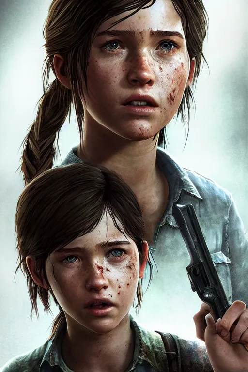 Image similar to portrait art of ellie from the last of us part 2, 8 k ultra realistic, digital art, character portrait, highly detailed, trending on artstation, lens flare, atmosphere, hyper realistic, cinematic lightning, sharp focus, unreal engine 5, extreme details perfect face, pretty face, fine - face, illustration, 8 k, ultra texture, masterpiece