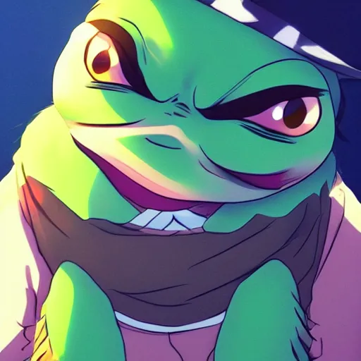 Image similar to high quality portrait of pepe meme. art by makoto shinkai, crunchyroll, pixiv, danbooru, hd, headshot, cinematic still, detailed anime face, bokeh, digital art, cel shading, vivid colors, ambient lighting