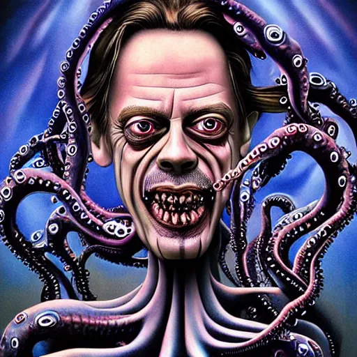 Prompt: steve buscemi's horror version. an unnatural abomination with long teeth, many tentacles, and gray skin. grunge, horror, dmt, dark and muted colors, detailed airbrush art, by yves klein