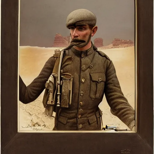 Prompt: a detailed photorealistic sepia - toned color portrait painting of a 1 9 1 7 worried clean - shaven british lieutenant in field gear from the arab bureau in wadi rum, ultra realistic, intricate details, atmospheric, dark, brooding, highly detailed, by clyde caldwell