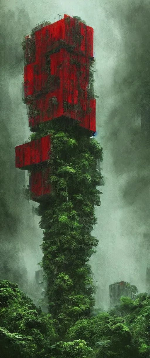 Image similar to brutalist architecture inspired by louis kahn deep in the rainforest. nature is taking over. matte painting by ivan laliashvili. concept art. color scheme green and red. mist. cinematic.