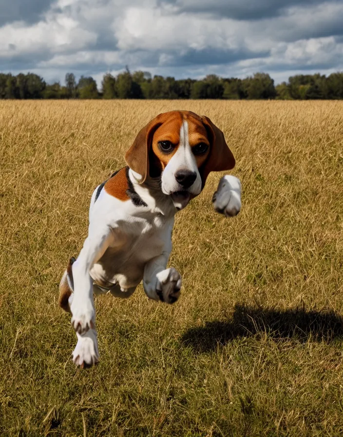 Image similar to a beagle running in a field, matte painting, 8k, depth of field.