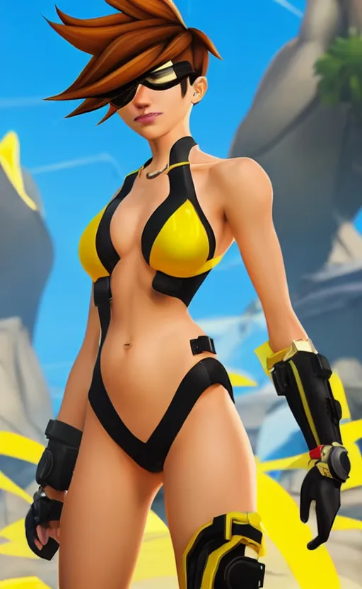 Image similar to tracer game character, in yellow bikini, blonde hair, black eyes, full height