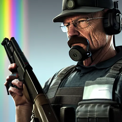 Image similar to walter white holding a shotgun as a rainbow six siege operator, 4 k, highly detailed