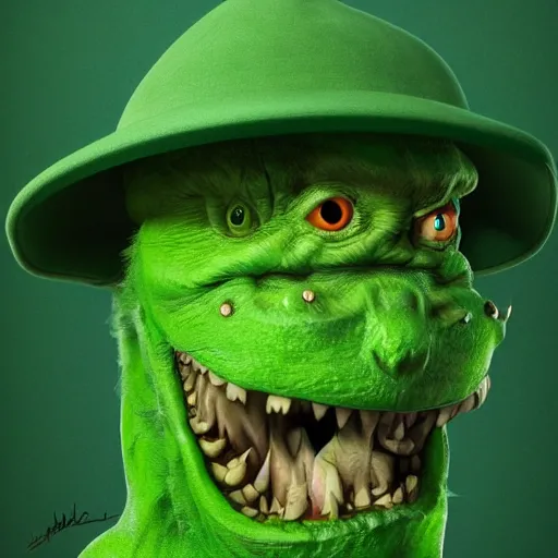 Image similar to a green hat with a monster's head on it, hyperdetailed, artstation, cgsociety, 8 k