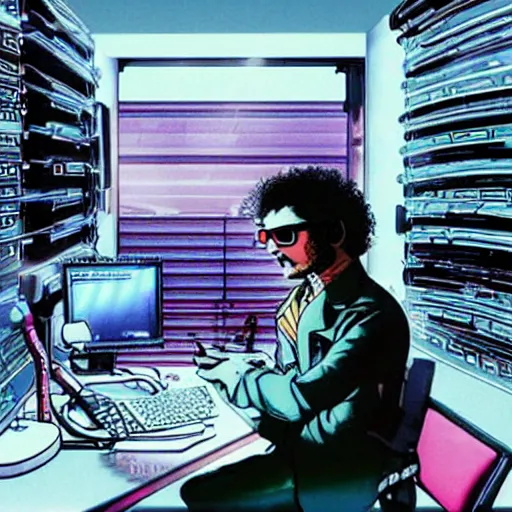 Prompt: a cyberpunk picture of a curly-haired persian guy wearing round glasses in a bright computer lab by Masamune Shirow