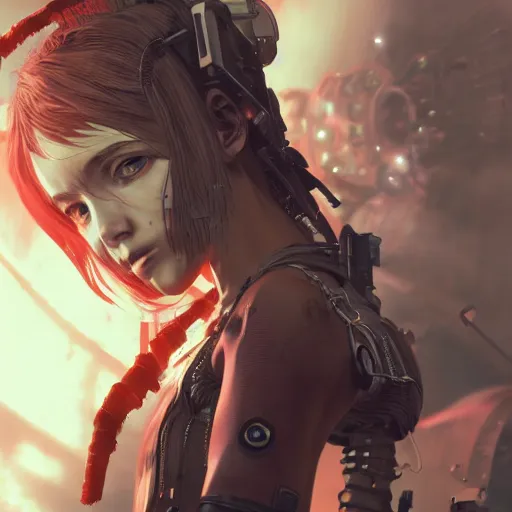 Image similar to highly detailed portrait of a post-cyberpunk young lady by Akihiko Yoshida, Greg Tocchini, 4k resolution