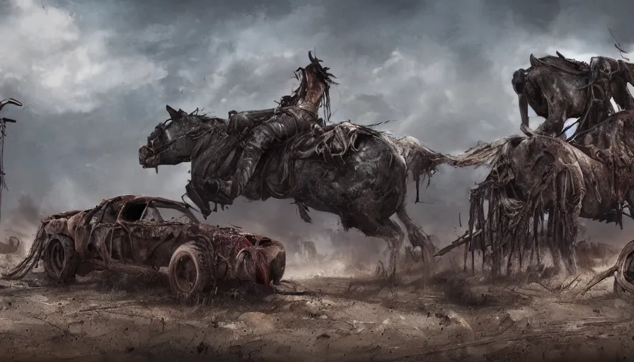 Image similar to old ranch with dead horses, mad max style, hyperdetailed, artstation, cgsociety, 8 k