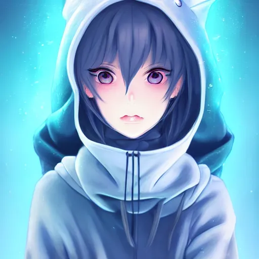 Image similar to advanced anime character art render, beautiful anime girl wearing a whale skin hoodie outfit ,big blue watery eyes, mid shot , medium shot, Rossdraws, WLOP , Sakimimichan