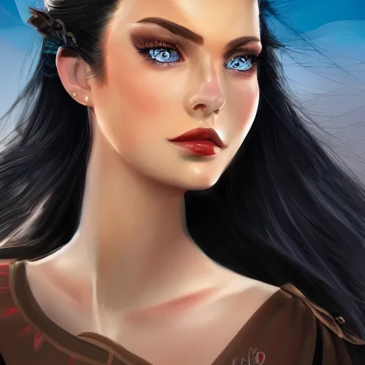 Prompt: portrait of a majestic princess with long black hair and blue eyes, digital art, 4k, artstation