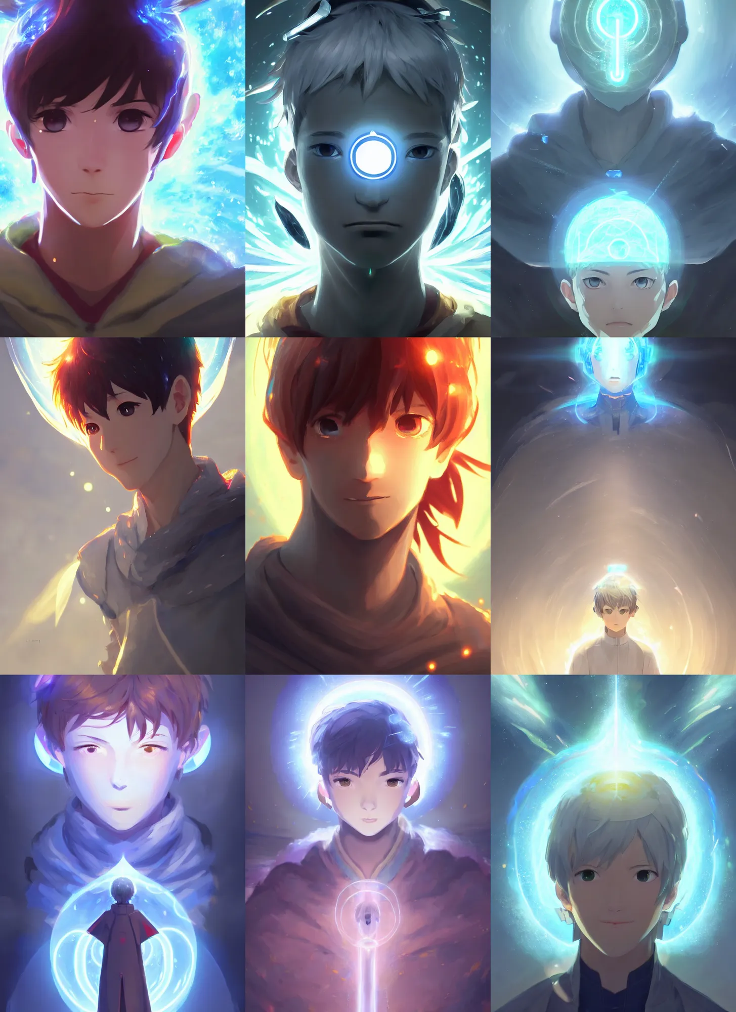 Prompt: a portrait of elemental light - kun with halo around his head, shiny, intricate, tone mapped, ambient lighting, highly detailed, digital painting, artstation, concept art, 4 k, god rays, stunning beautiful, glowing eyes, sharp focus, by makoto shinkai and akihiko yoshida and hidari and wlop