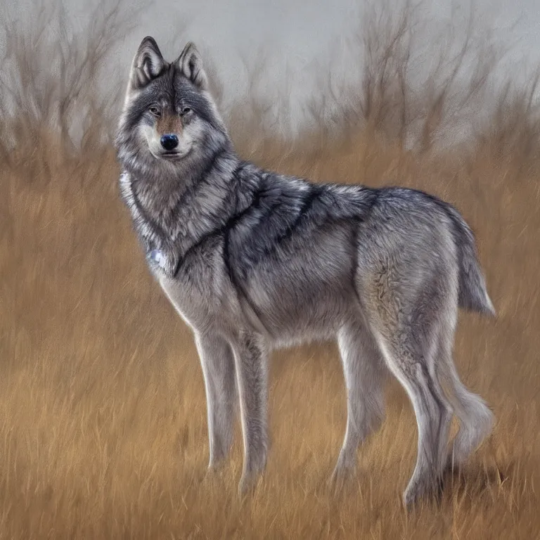 Image similar to Majestic wolf on the heath, portrait. Rough brushstrokes. Beautiful scene. Muted natural colour scheme. Beautiful artistic painting by Lurid (2022)