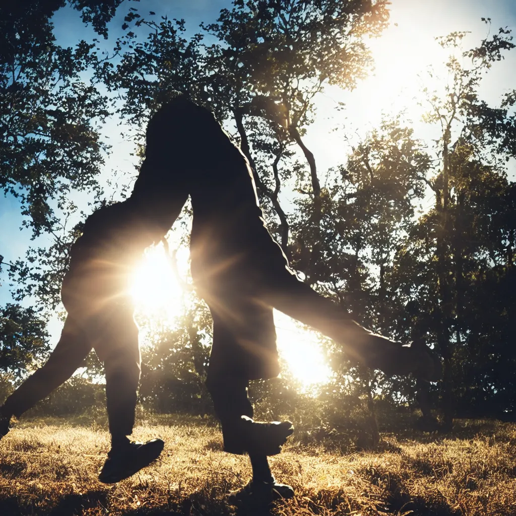 Prompt: a man running into the sunshine, close up cinematic shot