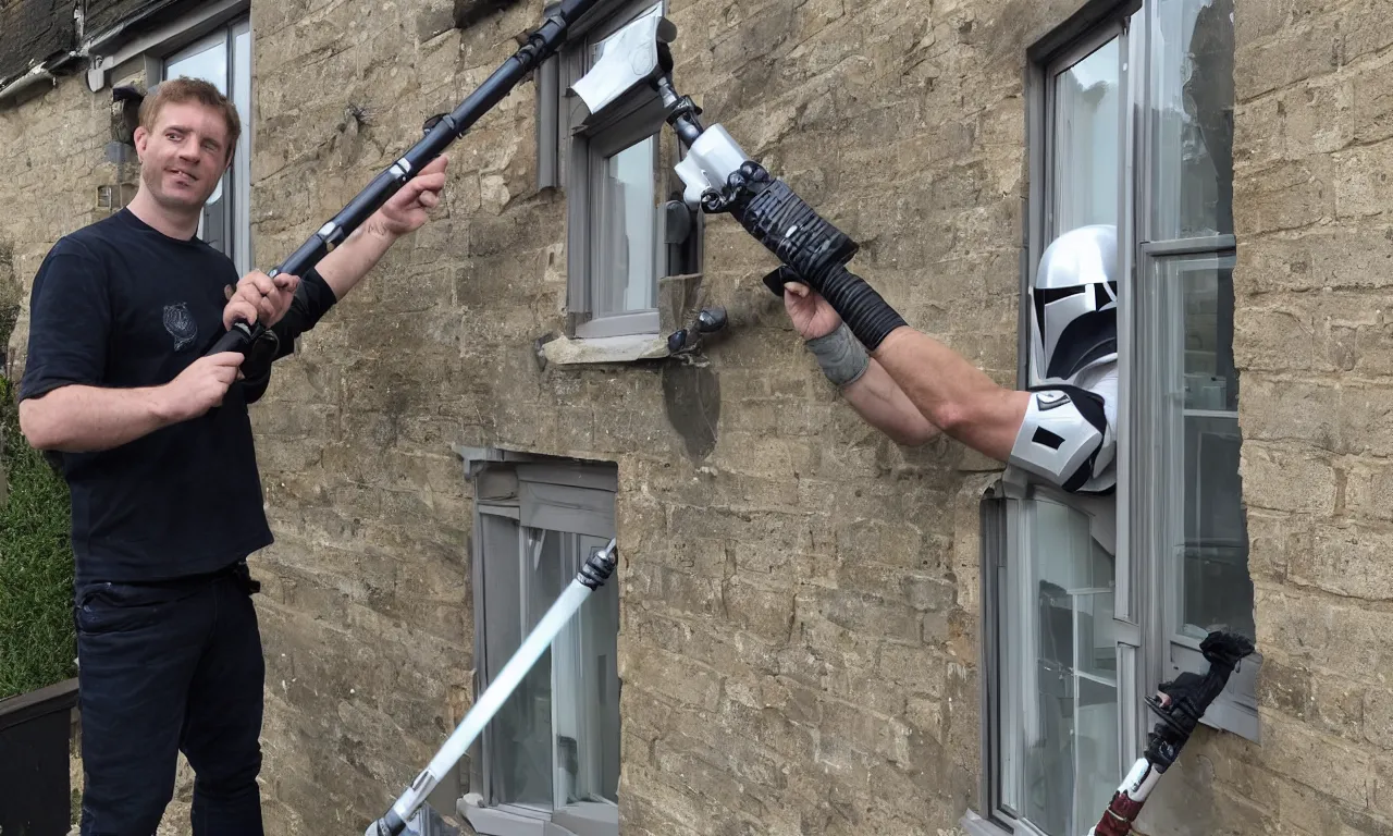 Image similar to one single mandalorian dismantling sash window in England with a lightsaber