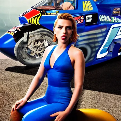 Prompt: photo of Scarlett Johansson inside video game F-Zero GX standing next to the Blue Falcon racing machine, sunrise, fine art photography