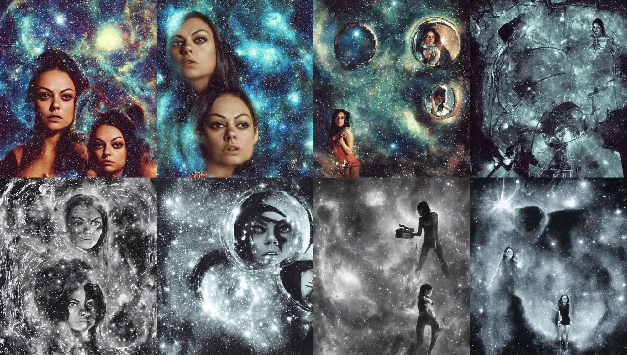 Image similar to face close-up of Mila Kunis exploring an eerie derelict space station, stary nebula through window, 1960s, Ludek Pesek, colorful accents, Rick Guidice, Chesley Bonestell, Lucien Rudaux, Rolf Klep, Fred Freeman, George Pal