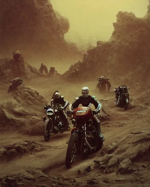 Image similar to motorbikers race in hell, retrofuturism sci - fi old movie, highly detailed, photorealistic, 8 k, by beksinski and stalenhag