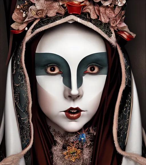 Image similar to beautiful female character inspired by venice carnival, kuruminha and nun | | digital artwork made by greg rutswork, anna dittmann and lois van barlee, symmetrical, anatomically correct