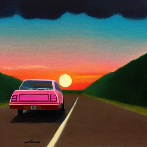 Image similar to an old 1 9 8 0 s car parked off the road, sunset, ocean in distance, pink, oil painting, pale colors, high detail, 8 k, wide angle, trending on artstation,