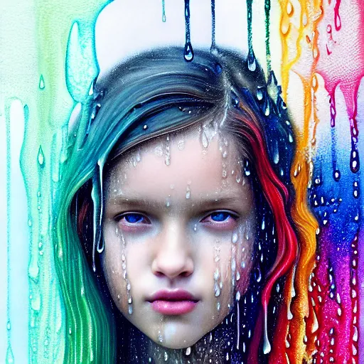 Image similar to portrait of girl in uniquely colored rain with wet hair and face, liquid drops, revelation, epiphany, bliss, fantasy, intricate, elegant, dramatic lighting, highly detailed, lifelike, photorealistic, digital painting, artstation, concept art, smooth, sharp focus, illustration, art by John Collier and Albert Aublet and Krenz Cushart and Artem Demura and Alphonse Mucha