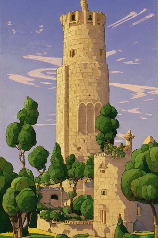 Image similar to view of the ancient tiled white tower in its gardens after a storm, tall windows, beautiful moorish ornament, dramatic cinematic lighting, rich colors, golden age illustration, by Sylvain Sarrailh and Nicholas Roerich and Ludwig Deutsch