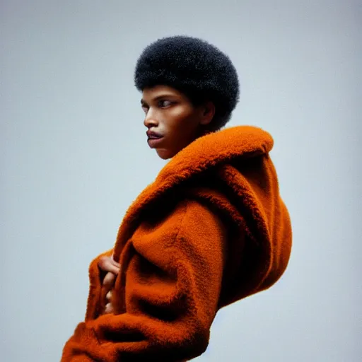 Image similar to realistic photoshooting for a new balenciaga lookbook, color film photography, portrait of a beautiful woman, model wearing a sherpa jacket, by photo in style of Tyler Mitchell, 35mm,