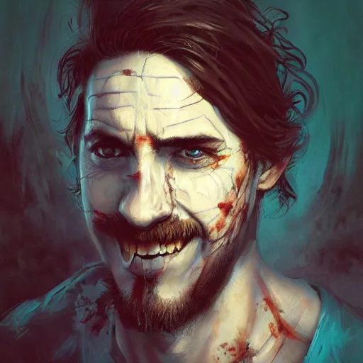 Prompt: greg rutkowski, anna podedworna, painting of smiling spanish man, goatee, unkempt wavy hair, teal eyes, scars