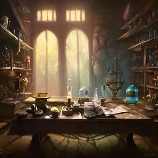 Image similar to hyper realistic, table, wizards laboratory, greg rutkowski, mortar, pestle, scales with magic powder, energy flowing, magic book, beakers of colored liquid, tony sart