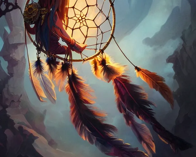 Image similar to dream catcher catching a dream, deep focus, d & d, fantasy, intricate, elegant, highly detailed, digital painting, artstation, concept art, matte, sharp focus, illustration, hearthstone, art by artgerm and greg rutkowski and alphonse mucha