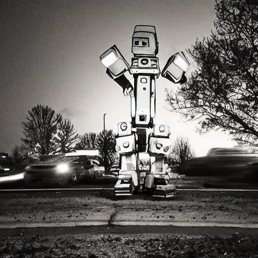 Prompt: giant robot at night with eyes smiling, grainy, vintage, stark light, dramatic lighting, evil smile, countryside at night, trash on the ground, night sky, scary, evil