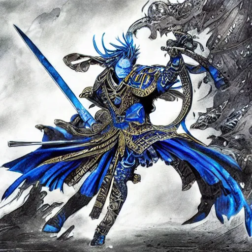 Image similar to a handsome magic swordsman with blue skin glides through a beautiful battlefield magic the gathering dramatic esoteric pen and ink illustrated in high detail by Yoshitaka Amano