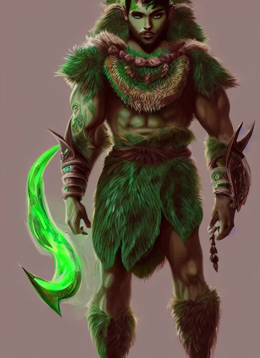 Prompt: a highly detailed illustration of fierce attractive young tanned green haired tribal boy wearing green wolf cape, heroic wielding club pose, muscular, intricate, elegant, highly detailed, centered, digital painting, artstation, concept art, smooth, sharp focus, league of legends concept art, wlop