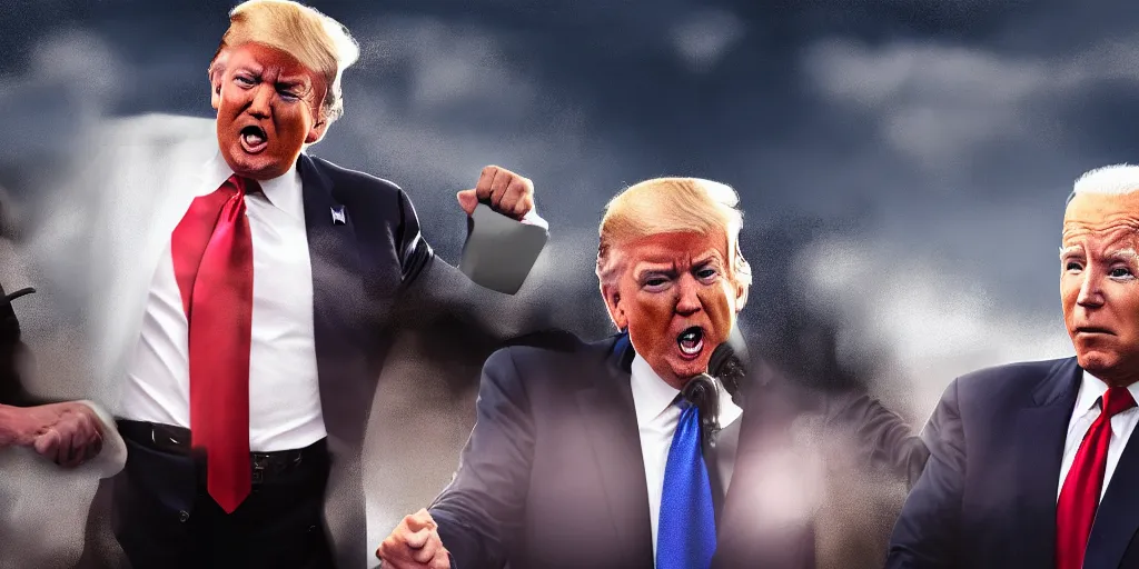 Image similar to donald trump and joe biden having a fist fight, sharp focus, matte painting, illustration, concept art,