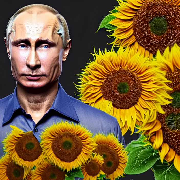 Prompt: photo portrait of Vladimir Putin - sunflowers - dressed in leisure shirt with ornamental ethereal sunflower pattern, natural skin tone, highly detailed realistic flowers ornament on the shirt, raging war and explosions in the background, face is highly detailed, elegant, Realistic, Refined, Highly Detailed, natural soft pastel lighting colors scheme, fine art photography by Cecil Beaton, volumetric lighting, hyper realistic photography