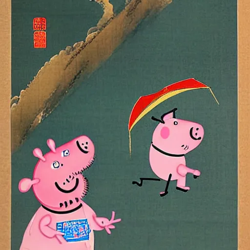 Prompt: a chinese painting of peppa pig, by zhang daqian.