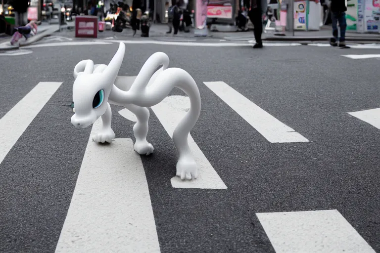 Image similar to closeup potrait of Mewtwo at a crosswalk in Tokyo, natural light, sharp, detailed face, magazine, press, photo, Steve McCurry, David Lazar, Canon, Nikon, focus