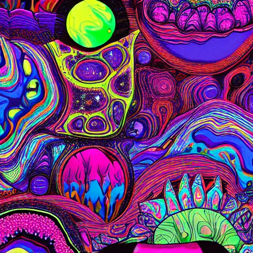 Image similar to psychedelic trippy couch in forest, planets, milky way, sofa, cartoon world, donserly brothers vs. the beef sisters, chesterfield, green, purple, blue, fight night