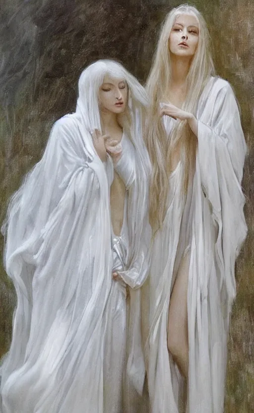 Prompt: angelic beauty with silver hair so pale and wan! and thin!?, flowing robes, covered in robes, lone pale wan fair skinned goddess, wearing robes of silver, flowing, pale skin, young cute face, covered!!, clothed!! oil on canvas, style of lucien levy - dhurmer and jean deville, 4 k resolution, aesthetic!, mystery