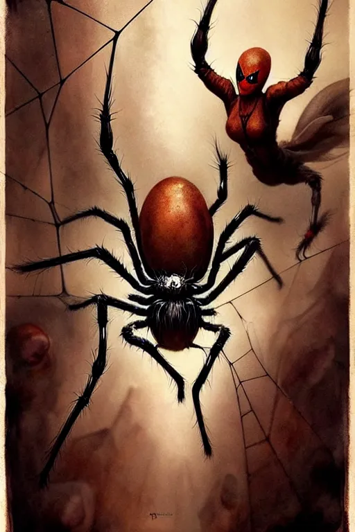 Prompt: miss of the world spider | esoteric symbolism | jean - baptiste monge, esao andrews, bastien lecouffe - deharme, tim jacobus, ken currie | ultra - detailed realism, soft cinematic lighting, hi - fructose, artstation, high - quality, ink watercolors wes anderson poster art