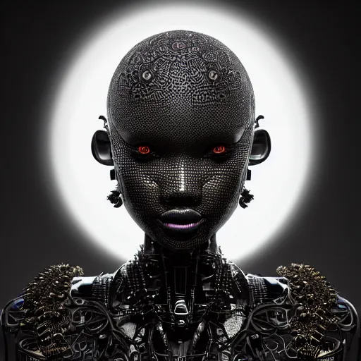 Image similar to portrait of an absurdly beautiful, graceful, sophisticated, fashionable black cyberpunk mechanoid gravure idol, hyperdetailed illustration by irakli nadar, alek wek, matt wisniewski style, intricate linework, dark skin, neon jellyfish headdress, intricate ivory carved ruff, unreal engine 5 highly rendered, global illumination, radiant light, detailed and intricate environment