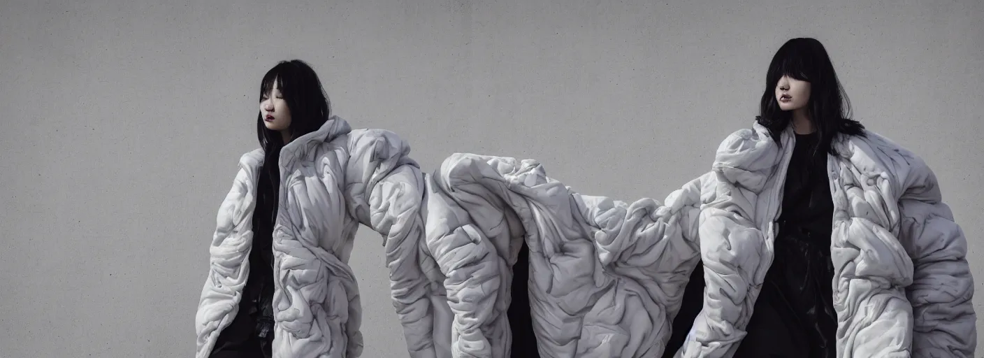 Image similar to well lit fashion shoot portrait of extremely beautiful female marble statue wearing huge over size puffer jacket by dingyun zhang, yeezy, balenciaga, vetements, a cold wall, sharp focus, clear, detailed,, cinematic, detailed, off white, glamourous, symmetrical, vogue, editorial, fashion, magazine shoot, glossy