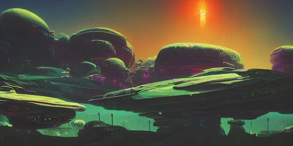 Prompt: look on my works ye mighty and despair, a highly detailed cinematic oil painting by roger dean and alena aenami, crashed spaceship!!, dynamic lighting