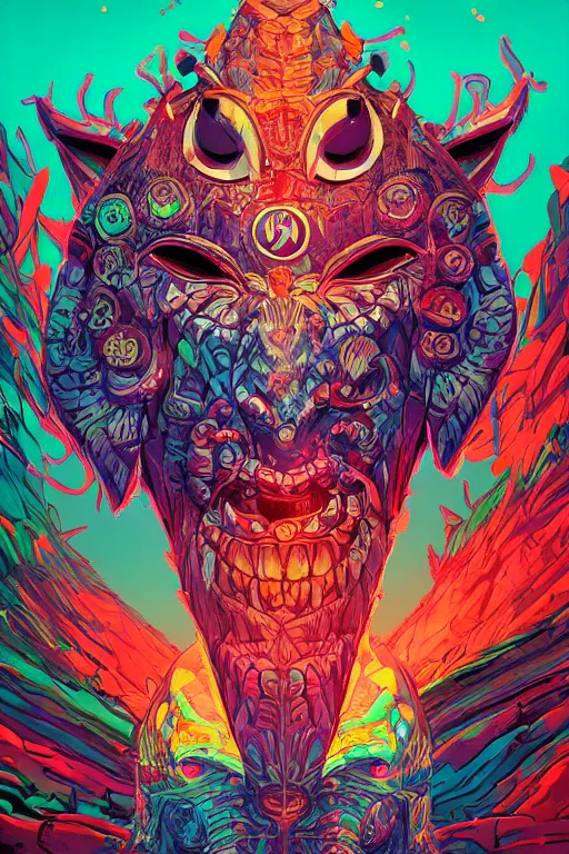 Prompt: totem animal tribal chaman vodoo mask feather gemstone plant wood rock video game illustration vivid color borderlands by josan gonzales and dan mumford radiating a glowing aura global illumination ray tracing