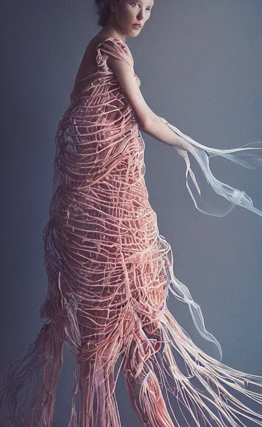 Image similar to Fashion photography of a woman wearing a dress inspired by a jellyfish, artistic photography, insanely detailed, chiaroscuro, cinestill 800t, Vogue magazine