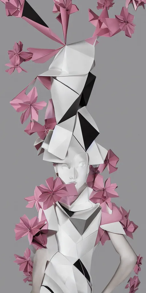 Image similar to portrait of a beautiful ceramic model wearing sakura ( ( origami themed paper flower ) ) and metallic shapes haute couture by issey miyake