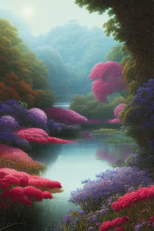 Prompt: a beautiful digital illustration painting river among the flowers by benoit b. mandelbrot, steven belledin, martin johnson heade, lee madgwick, caspar david friedrich, and david rios ferreira. 8 k resolution trending on artstation concept art digital illustration