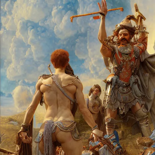 Image similar to disasterpiece Peloponnese war Gods watching above, by Edgar Maxence and Ross Tran and Michael Whelan and baroque gothic medieval oil painting, intricate line drawings, by Edgar Maxence and Ross Tran and Michael Whelan, 4k resolution